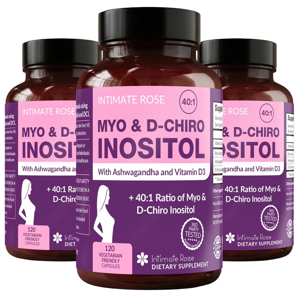 בסביבה הקרובה של Rose Myo-Inositol & D-Chiro Inositol Band - 40:1 בלנדר Ratio - Women's Daily Wellness Support - ויטמין D & Ashwagandha, 3 בקבוקים