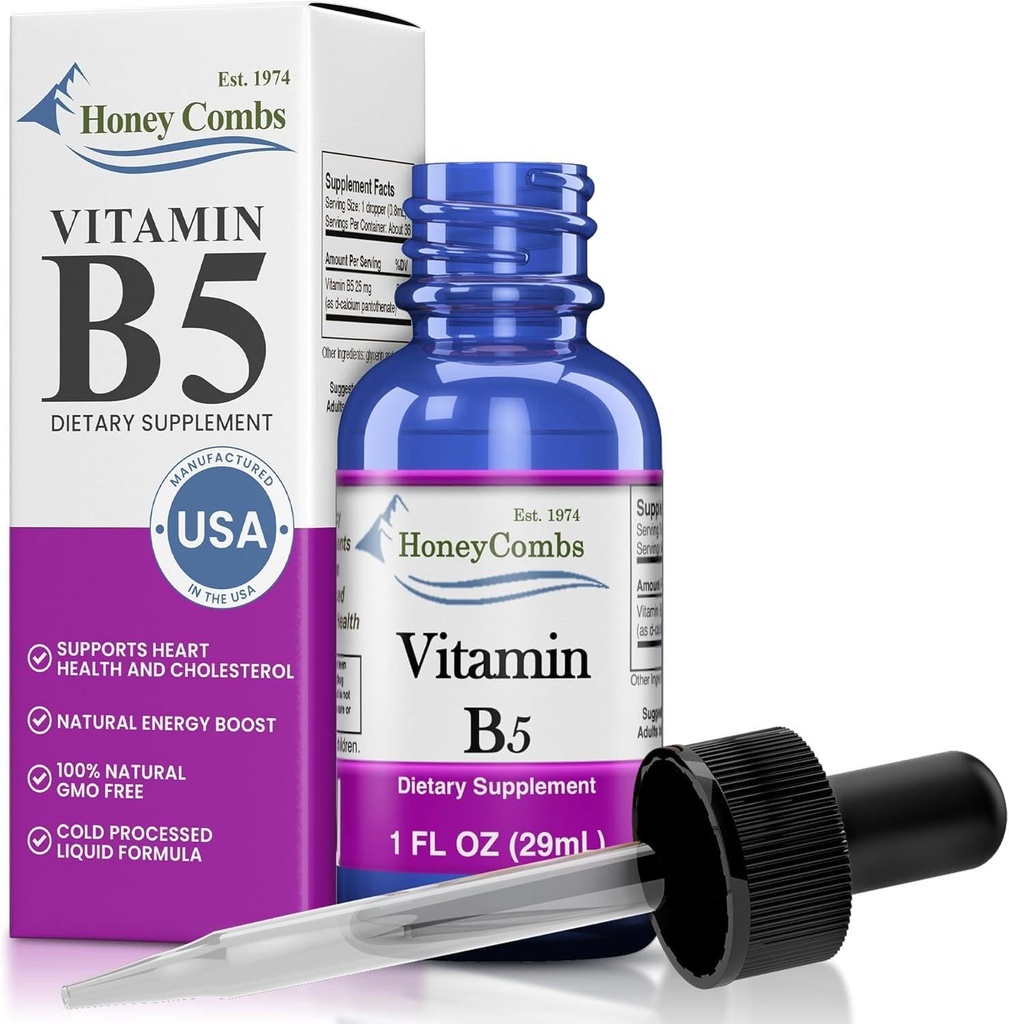 ויטמין B5 Pantothenic Acid נוזל טיפות - מיוצר בארה"ב - 500% DV לשרת - 36 משרתים לכל Container - גדול עבור גברים, נשים, ילדים - ויטמינים נוזליים טבעוניים - גדלים גם זמין