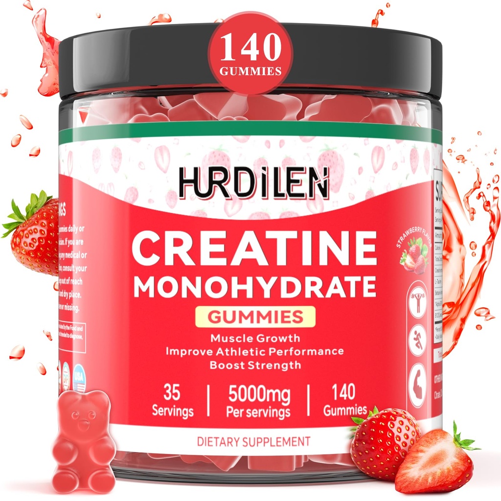 140 Count Creatine Monohydrate Gummies, 5000 מ"ג Creatine Monohydrate No Sugar Gummies עבור נשים וגברים עם L-Taurine, B12 עבור כוח שרירים, התאוששות שרירים, Glute Builder, אנרגיה Boost
