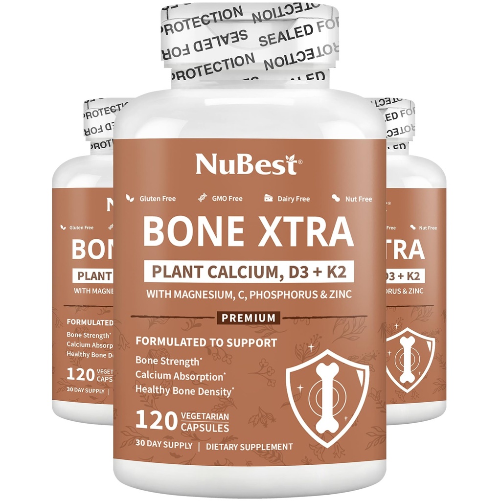 Bone Xtra - Veganחוזק פורמולה עבור עצמות חזקות יותר, Calcium מבוסס צמחים מ Marine Algae, ויטמינים D3, ויטמין K2, Magnesium, Phosphorus & More for Teens, Adults - 3 חודשים אספקת 3 חודשים
