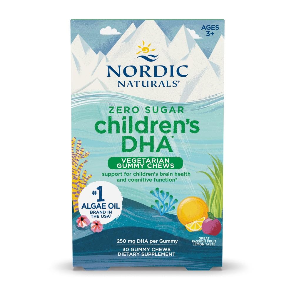 Nordic Naturals Zero Sugar Children's DHA Vegetarian Gummy Chews - Passion Fruit Lemon Flavor - 30 חניכיים - טבעונית Algae שמן אומגה 3 תוספת עבור ילדים המוח & קוגניציה תמיכה - 30 משרתים