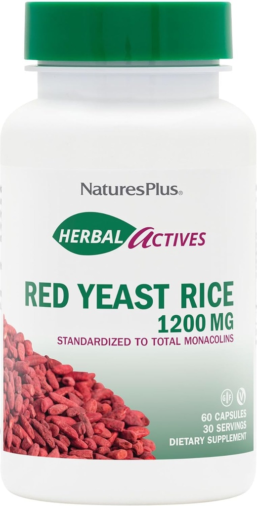 NaturesPlus Herbal Actives Red Yeast Rice 1200 מ"ג - 60 קפסולות - Non-GMO, טבעוני, Gluten Free - 30 משרתים
