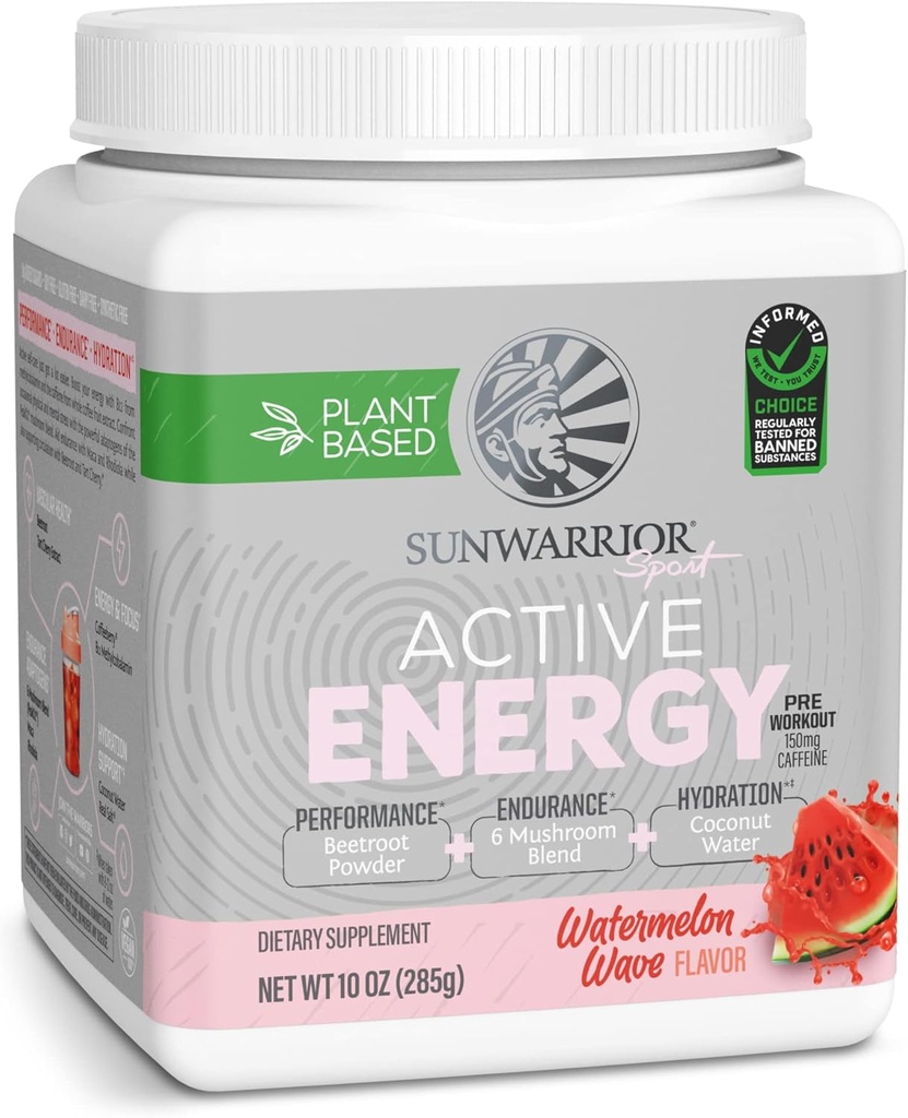 Sunwarrior Plant-based Preworkout אבקת הידלה | Cox Water Mushroom Band Soy Free Sugar Gluten Free Synthetic Free Synthetic Free | Watermelon Wave 30שרתים | ספורט אנרגיה פעילה