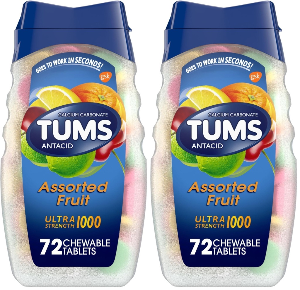TUMS Antacid Chewable טבליות עבור Heartburn הקלה, אולטרה כוח, פירות Assorted, 72 טבליות (Pack of 2)