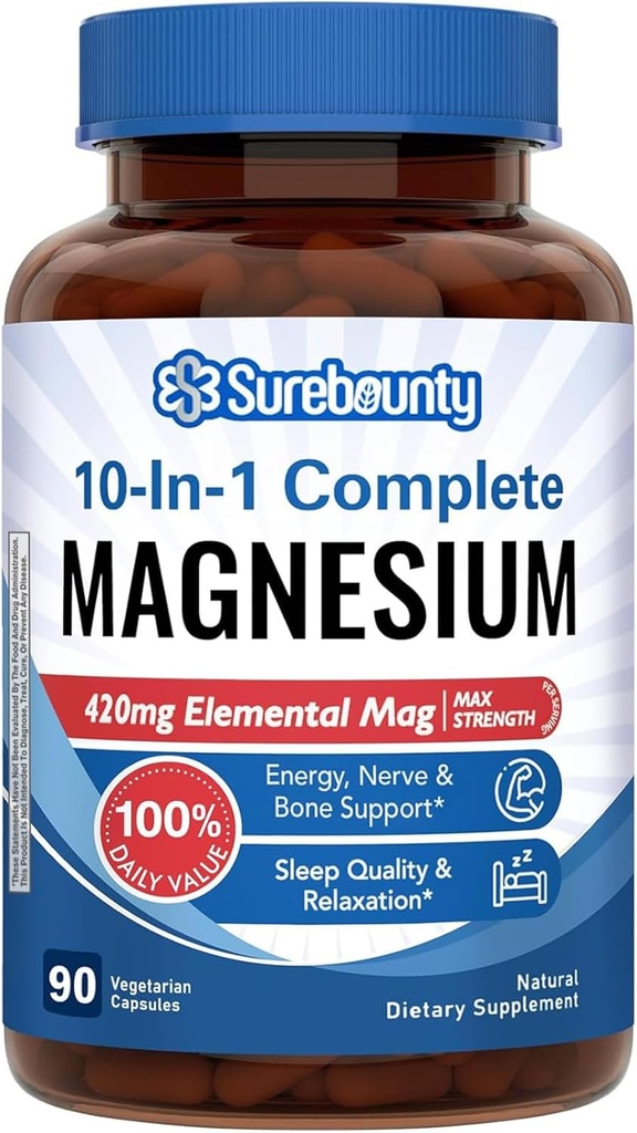 Magnesium Complex, 10in-1 פורמולה, 420mg Elemental Mag Per משרת, Magnesium Glycinate, Malate, Citrate, High Absorption, Bone & hipation, 90 Capsium Glycinate, Malate, Citrate, Citrate, High Absorption, High Absorption.