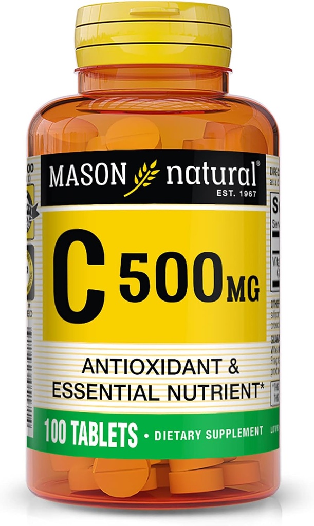 MASON NATURAL ויטמין C 500 מ"ג - תמיכה מערכת החיסון בריאה, אנטיקסידנט וחומרי תזונה חיוניים, 100 טבליות