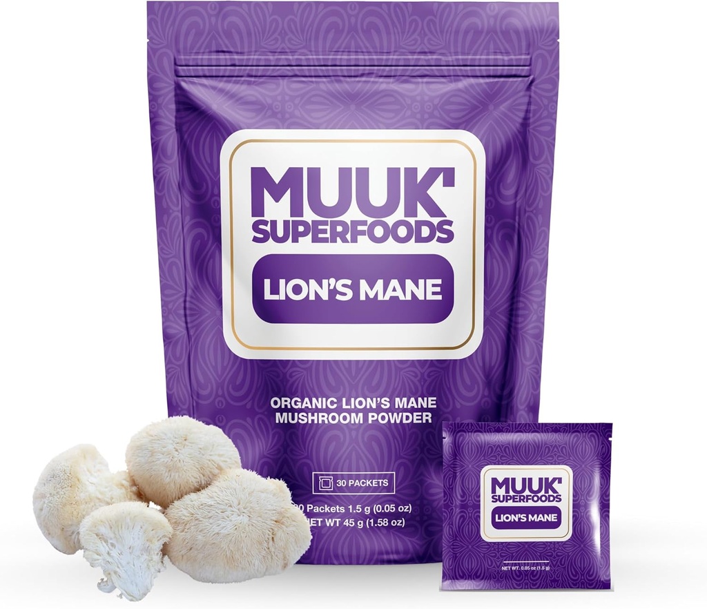 MUUK' SUPERFOODS | אבקת Mane Mushroom | Brain Boosting On-The-GO Packets | Made in USA | 30 Sachets (1.5g)