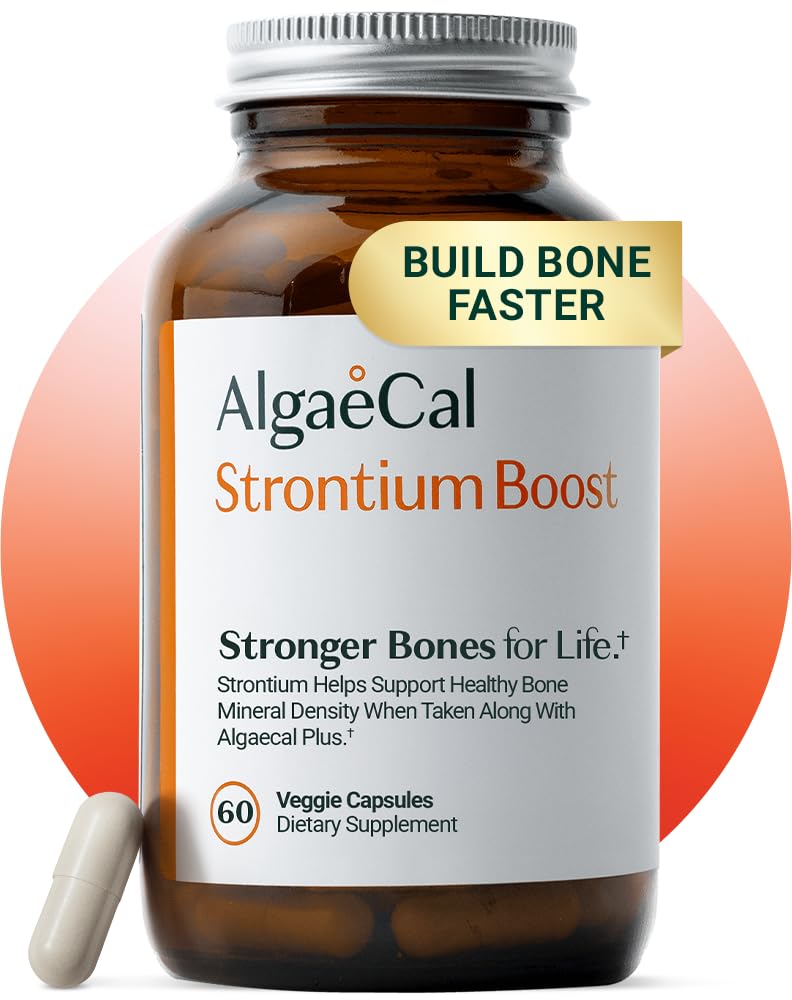 AlgaeCal - Strontium Boost, Natural Calcium תוסף עבור גידול העצם Density, Strontium Citrate 680 מ"ג, Easy to Swallow for Bone Health &עצמות העצם, Gluten-Free - 60 Veggie Caps-- Caps---p. מיוצר בארה"ב