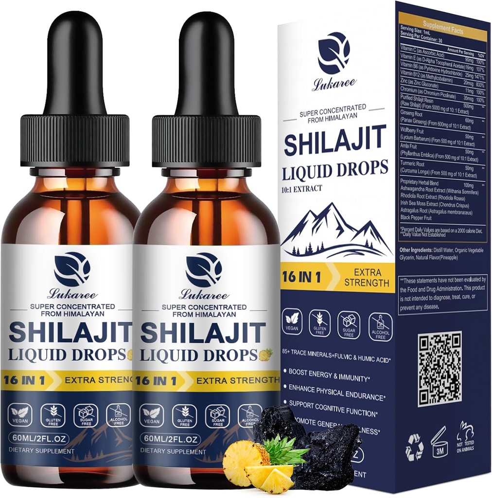 לוקה 16-in-1 Shilajit טיפות לגברים ונשים, Ashwagandha, גינזנג, Turmeric, Rhodiola, Amla, Sea Mosss, ויטמין נוזלי עם 85+ Trace מינרלים ו Fulvic Acid, 2 FL Oz (2 Pack)