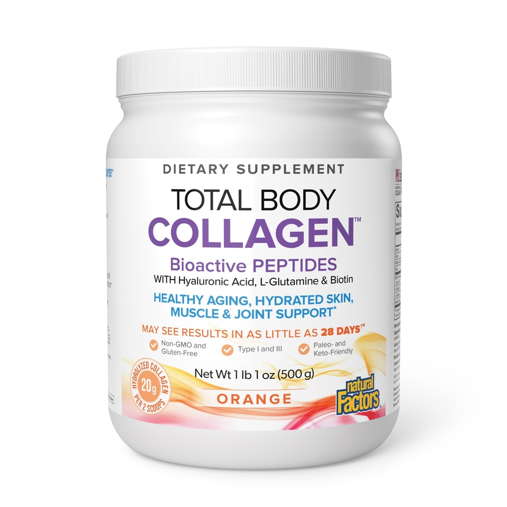 גורמים טבעיים, Total Body Collagen, Bioactive Peptides אבקת עבור עור בריא, שיער ופרקים, כתום