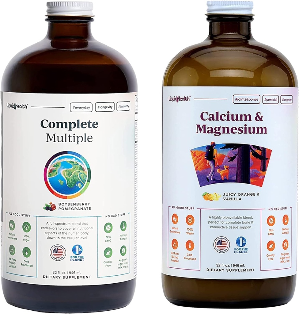 LIQUIDHEALTH השלם Multivitamin & Calcium ו- Magnesium נוזל ויטמין Bundle למבוגרים - Whole Body Health, Immune System, Bone & Joint Support - Whole Foods, Vegan, non-GMO, USA Made Made Made