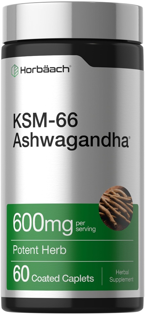 Horbäach KSM-66 Ashwagandha תוסף Caplets | 60mg | 60 Pills | עם L-theanine | עבור נשים וגברים | טבעוני, Non-GMO, Gluten Free Complex Supplement