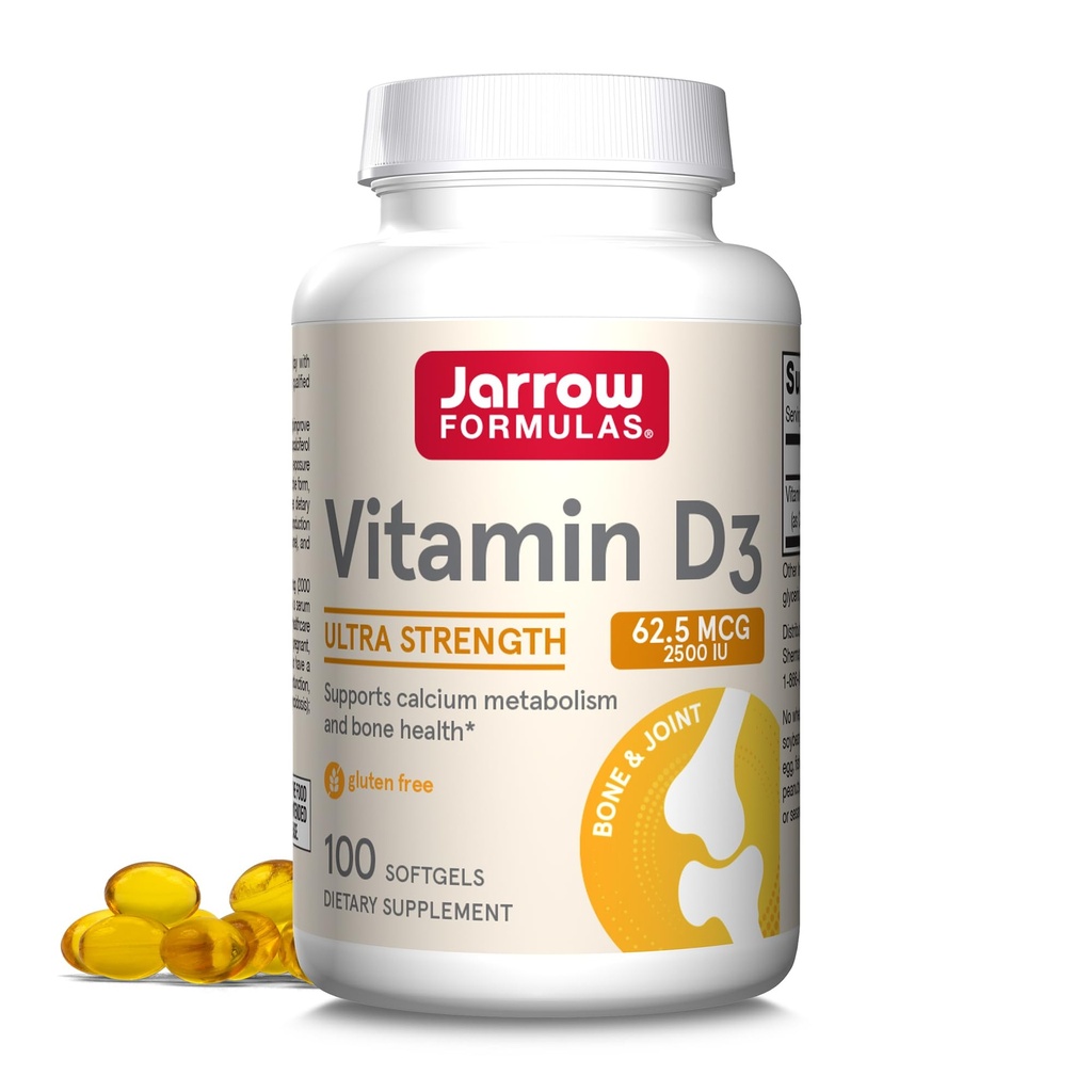 ג'ארו פורמולה ויטמין D3 62.5 mcg (2,500 IU) - 100 משרתים (Softgels) - בריאות העצם, תמיכה כספית ותמיכה ב- Calcium Metabolism - ויטמין D3 - ויטמינים - 2500 D - Gluten Freeten Freeten Freeten, Gluten Freeten Freeten