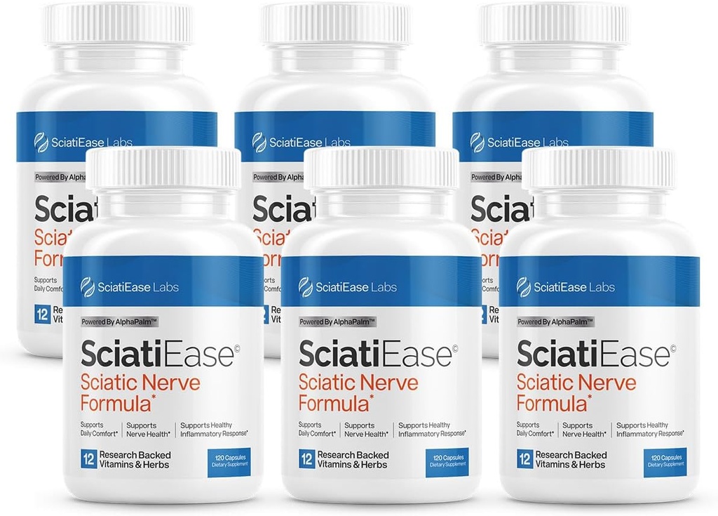 SciatiEase Sciatic Nerve Health Support תוסף - פעילות גופנית עם AlphaPalm, Pea, ויטמין B Complex, Alpha Lipoic Acid 300 מ"ג - 6 בקבוקים