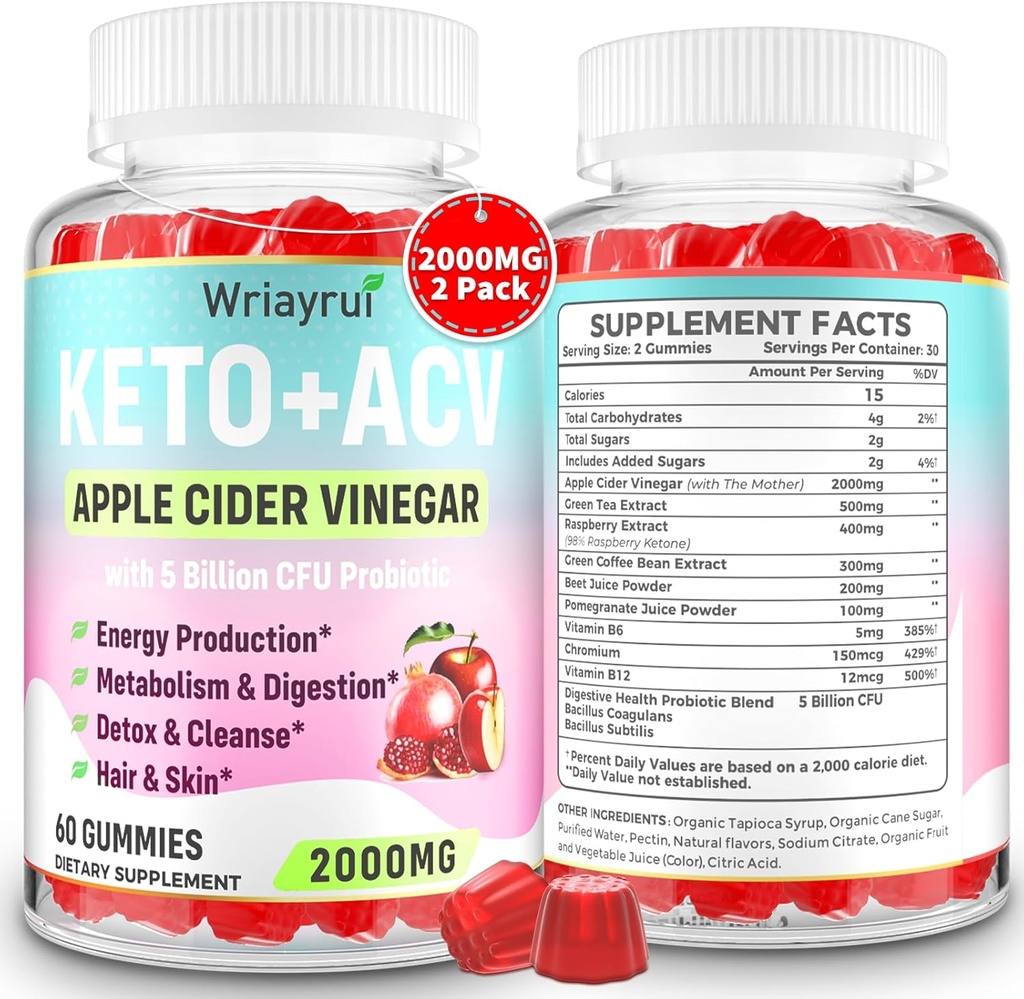 Keto ACV Gummies עם Probiotics & ויטמין B12, 2000 מ"ג Apple Cider Vinegar Gummies עם אמא, עבור Metabolism, Digest & ניקוי, סוכר חינם, טבעוני ידידותי, 120 מסטיקנים