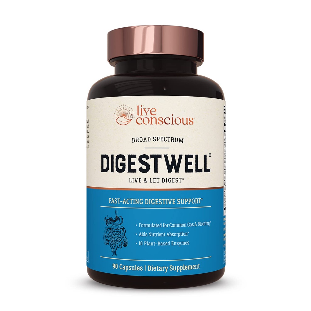 Live Conscious Digest Well Immediate Support - תמיכה מהירה-מעשית | Broad Spectrum Enzyme, Probiotic & Herbal Formula - Decreases Everyday Gas & Bloating - 90 קפסולות