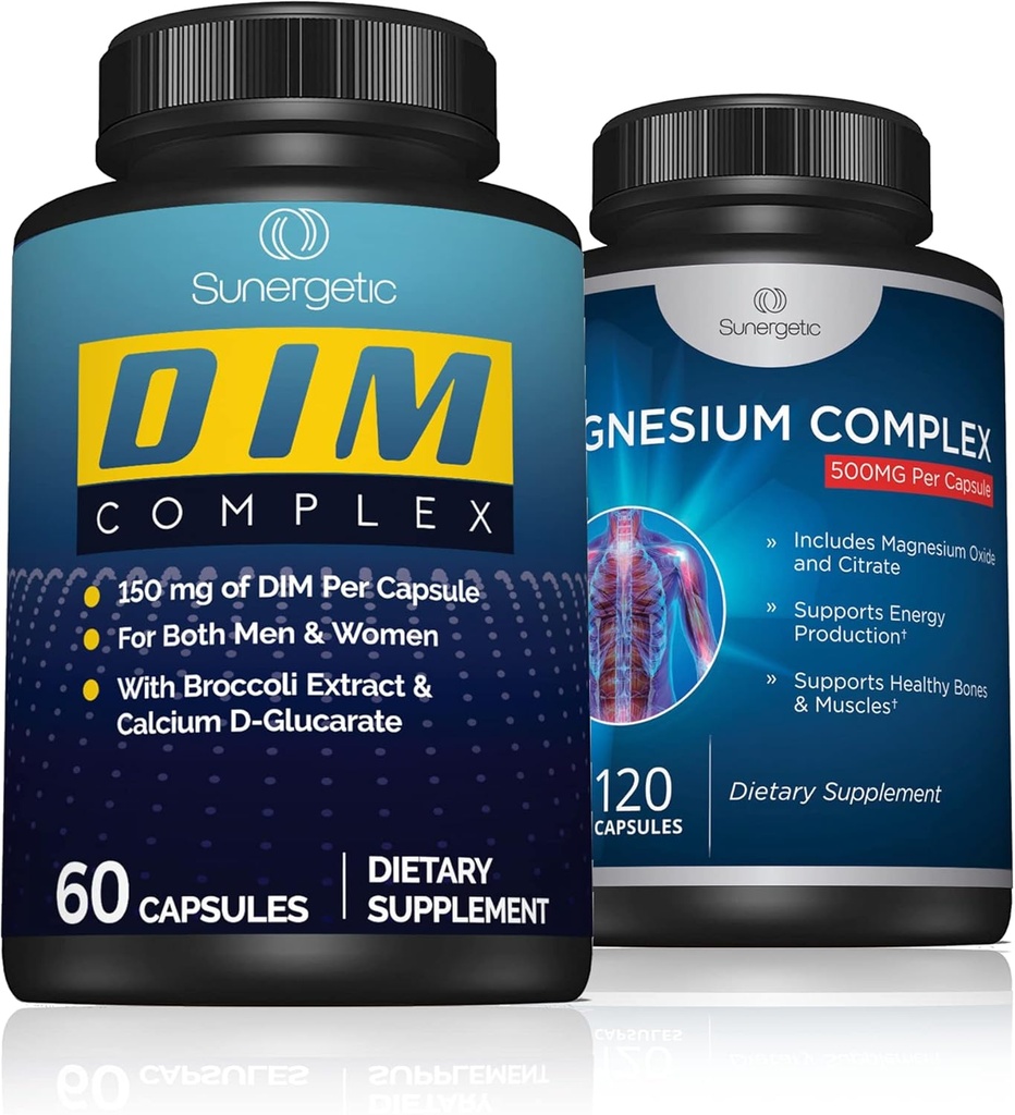 Sunergetic DIM Complex Plus Magnesium Complex - תומך עצמות בריאות, שרירי שיניים, איזון בריא ומנוחה - DIM Complex 60 ct - Magnesium Complex 120 ct