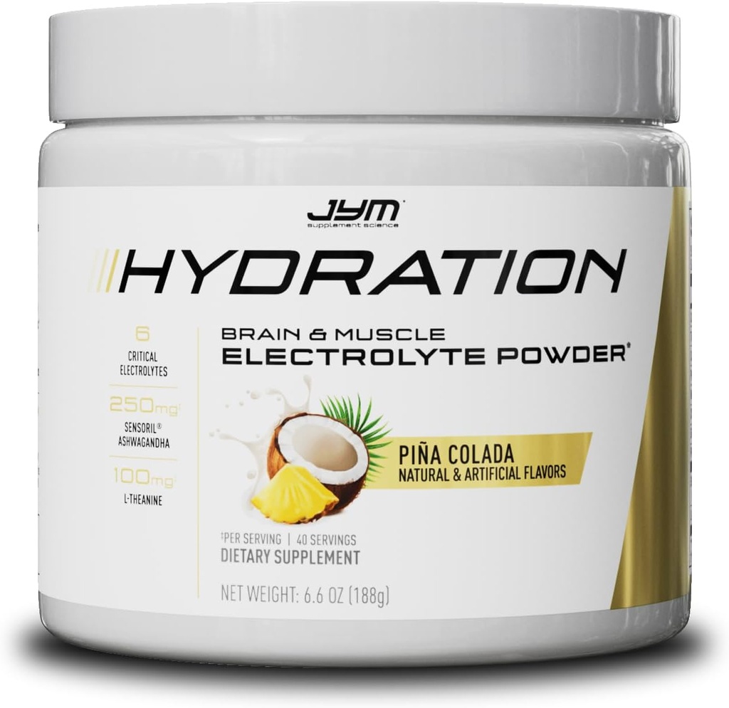 JYM hydrotion Pina Colada אבקה, ביצועים אלקטרוליטים, פוטאסום, סודיום, מגנזיום, לגברים ונשים, האננין, אשוגנדה, האננין, 40 המשרתים