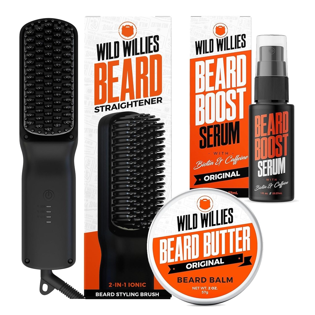 וויליס Wild Beard Care Kit: Heated Beard Straightener for Men, Beard Butter ו- Beard Growth Serum - Ultimate Grooming Tool Set, Beard Balm, Hydrating Serum, Hot Comb Beard Brush for Daily Use