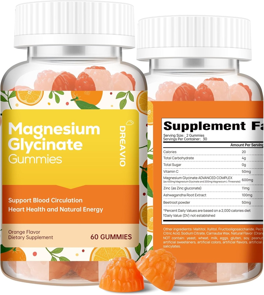 60 Count Magnesium Glycinate Gummies 400 מ"ג ו / Ashwagandha תוסף - סוכר חינם Zinc Magnesium Glycinate תוסף Ashwagandha חניכיים למבוגרים