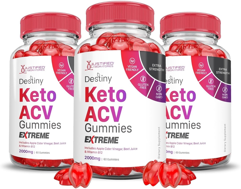 Justified Laboratories (3 Pack Destiny Keto ACV Gummies Extreme 2000MG Destiny Ketomies Advanced Formula Apple Cider Vinegar with Pomegranate Beet Juice אבקת B12 טבעוני non GMO 180 חניכיים מתקדמות