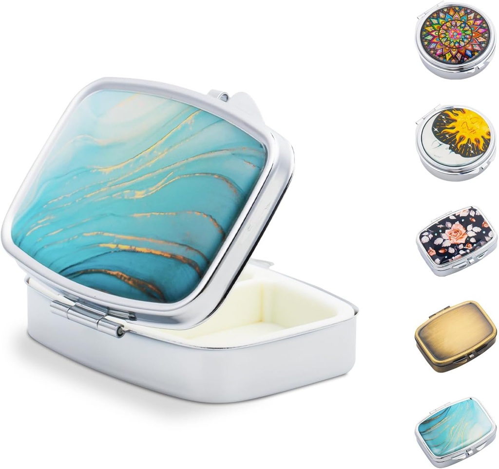 Small Pill Box for Purse, Portable Pill Organer for Medicine Fish Oils ויטמינים, Metal Travel Purse Pocket Pill Case Container Holder (Rectangle Marble)