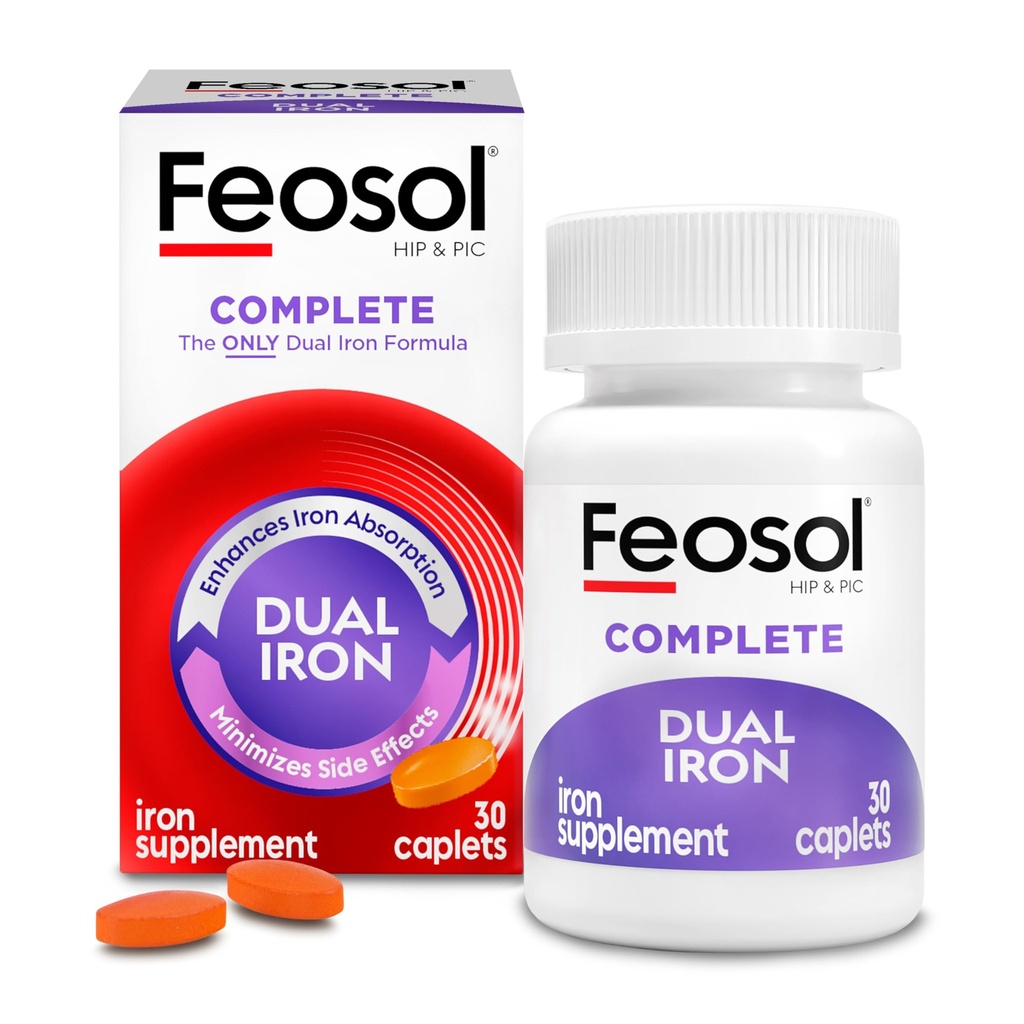 Feosol ברזל תוסף Caplets, Bifera Iron for High Absorption, Heme ו- non-Heme Double Action Minimize Side Effects, 1 Per Day, for Energy and Immune System Support, Made in USA, 30 Count