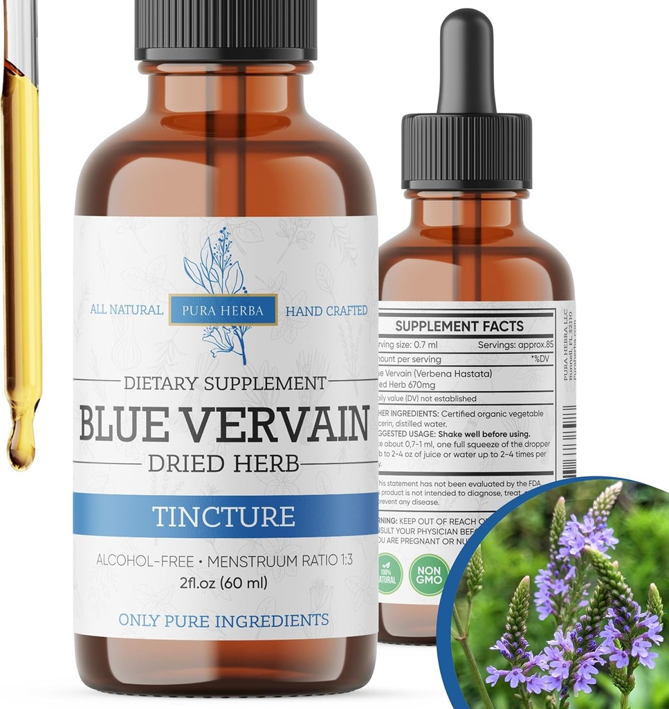 Blue Vervain Herb אורגני, Blue Vervain Tincture, אלכוהול חינם, טבעוני - 2 Fl Oz