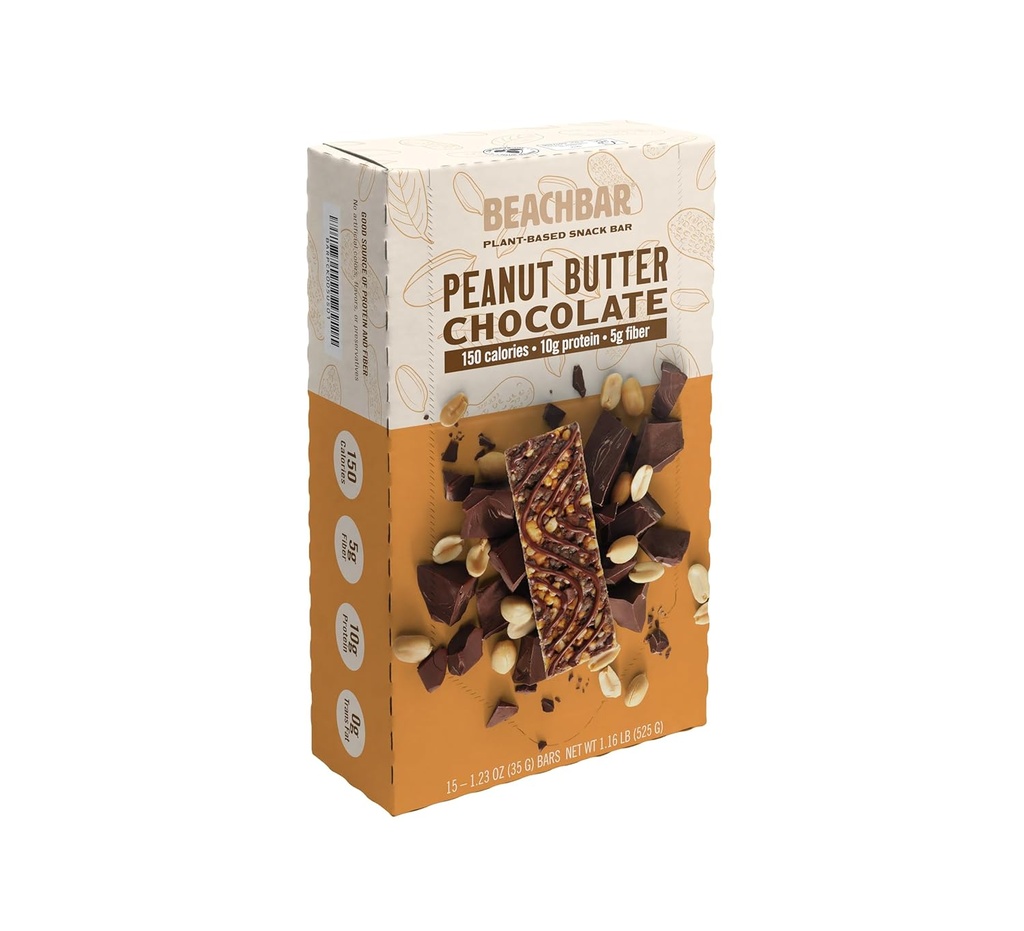 BODi BeachBAR Plant-based Peanut Butter Chocolate - חלבונים עשירים בשוקולד, אינדקס גליק חינם, נמוך Glycemic, 10g חלבון, 150 קלוריות, 15 Bars לכל Box