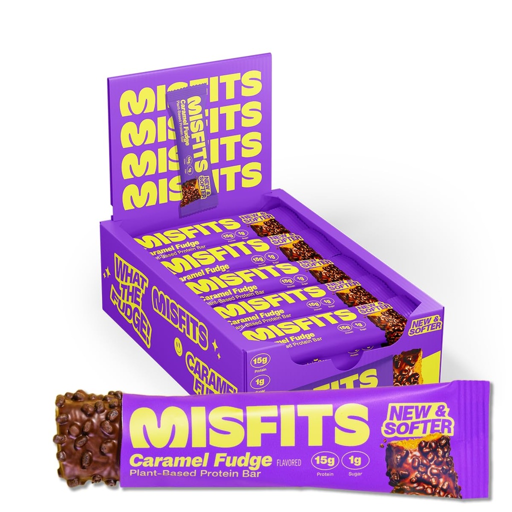 Misfits חלבונים טבעוני Bars, קארמל Fudge - מתכון מעודכן | צמחי מבוסס, סוכר נמוך ופחמימות, חטיפים סיבים גבוהים | חבילת 15