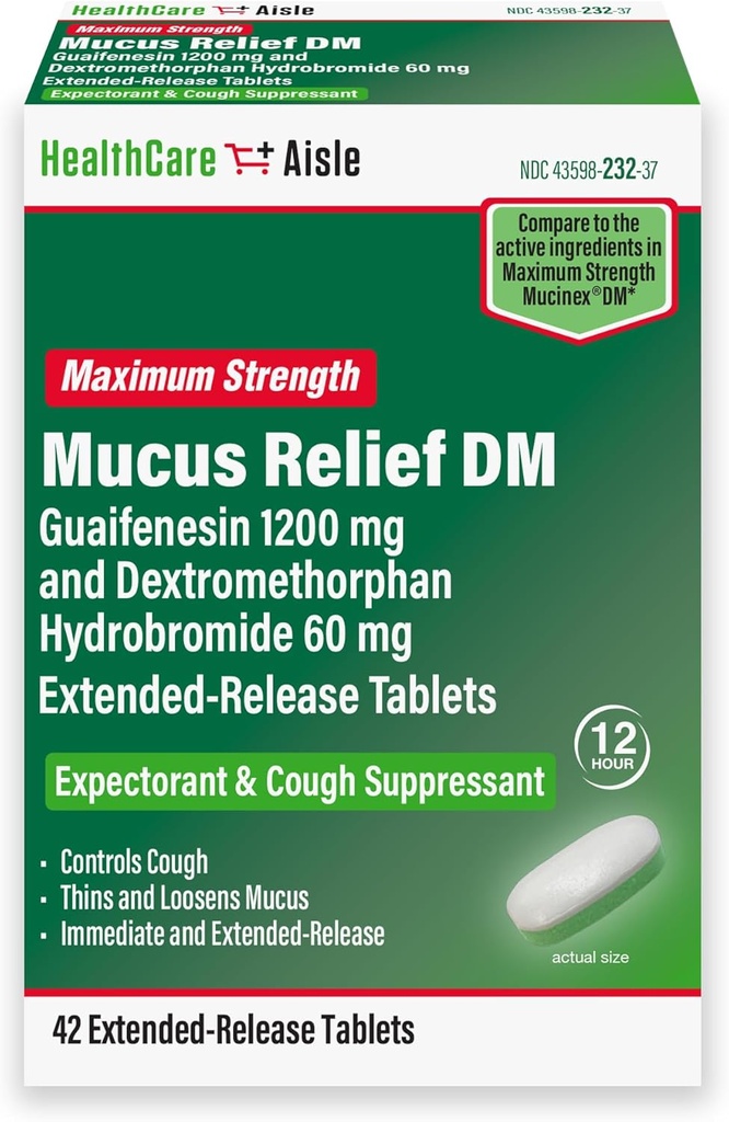 HealthCareAisle Guaifenesin 1200 מ"ג Dextromethorphan hydrobromide 60 מ"ג לוחות שחרור מורחב - 42 Count - Mocus Relief Expectorant ו Cough Suppressant פורמולה עבור צ'סט הקהילה הקלה