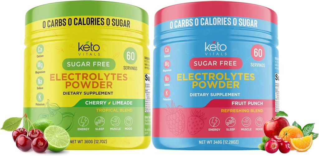 Keto Vitals Cherry Limeade Bundle עם פירות Punch - 2 Pack Bundle Keto אלקטרוליט אבקת - Keto-Friendlytes עם Potassium, Magnesium, Sodium, Calcium - Cherry Limeade & פירות Punch