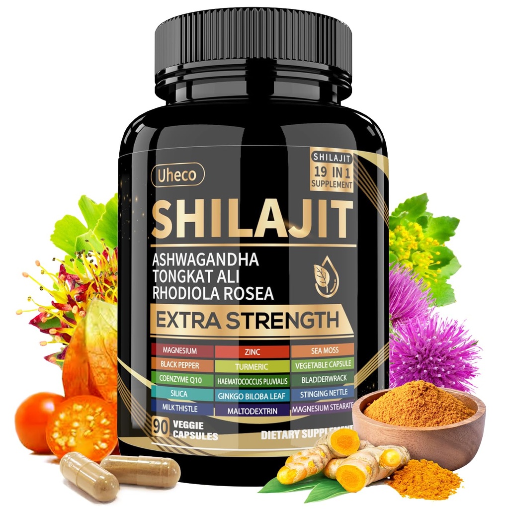 תוסף Shilajit עם Sea Mosss, Ashwagandha, Tongkat Ali - Shilajit Pure ההימלאיה אורגני Fulvic Acid כמוסות - 90 Count Count