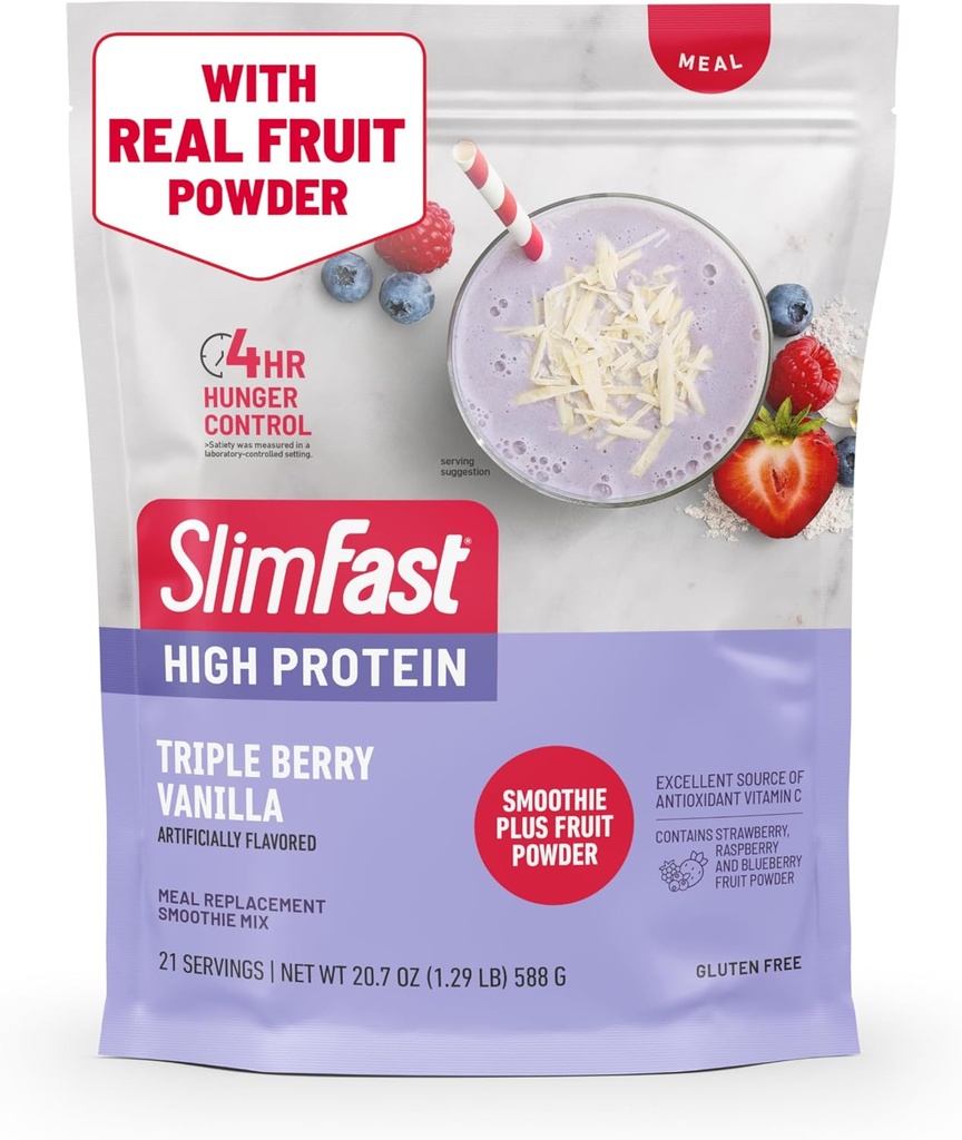 SlimFast חלבון Smoothie Mix Plus אבקת פירות, אבקת החלפת חלבון גבוהה, סיבים, ויטמין C, 21 משרתים, 1.29 פאונד, משולש ברי וניל (Packaging May Vary)