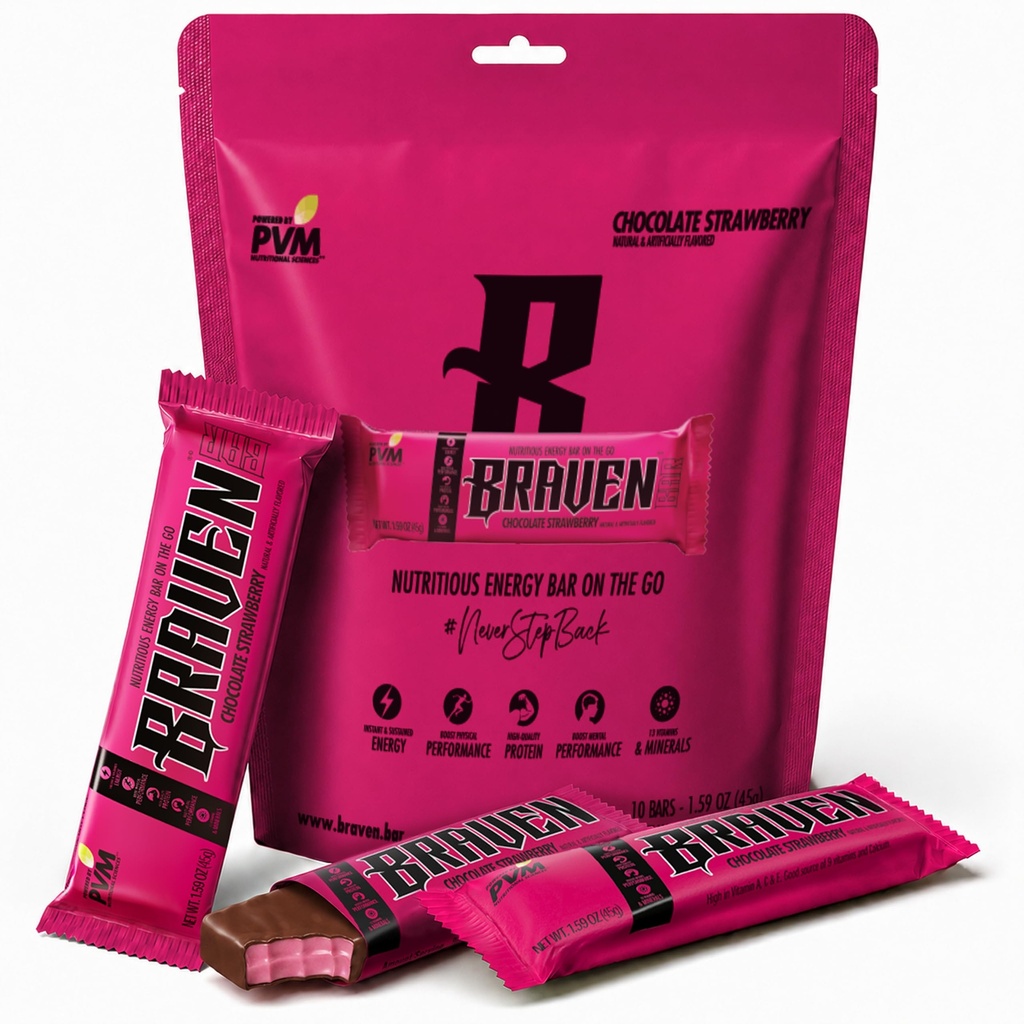 Braven Bar Chocolate Strawberry Energy Bars (1.59 oz, Pack of 10) - Energy Chews with 5g חלבון - On-the-Go Energy חטיפים for Running, Hiking, and Sports - Gluten Free חטיףs for Sustained Energy Boost