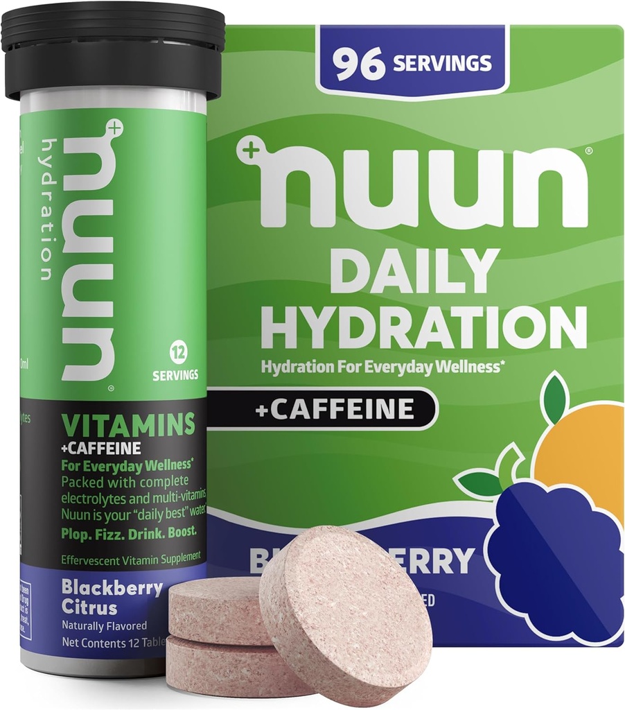 Nuun ויטמינים + Caffeine Electrolyte Tablets עם ויטמין D, C, E, A, & B6, Folic Acid, Magnesium & 4 אלקטרוליטים חיוניים אחרים, Gluten Free & Vegan, Blackberry Citrus, 8 Pack (96 לשרת Total)