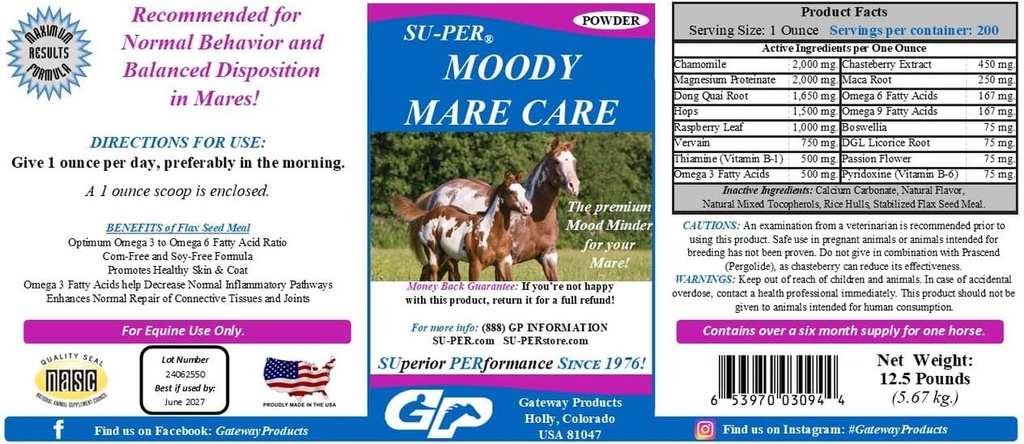 SU-PER Moody Mar Care אבקת - Herbal Equine Horse תוספת עם Chasteberry & Maca Root - 12.5 lbs