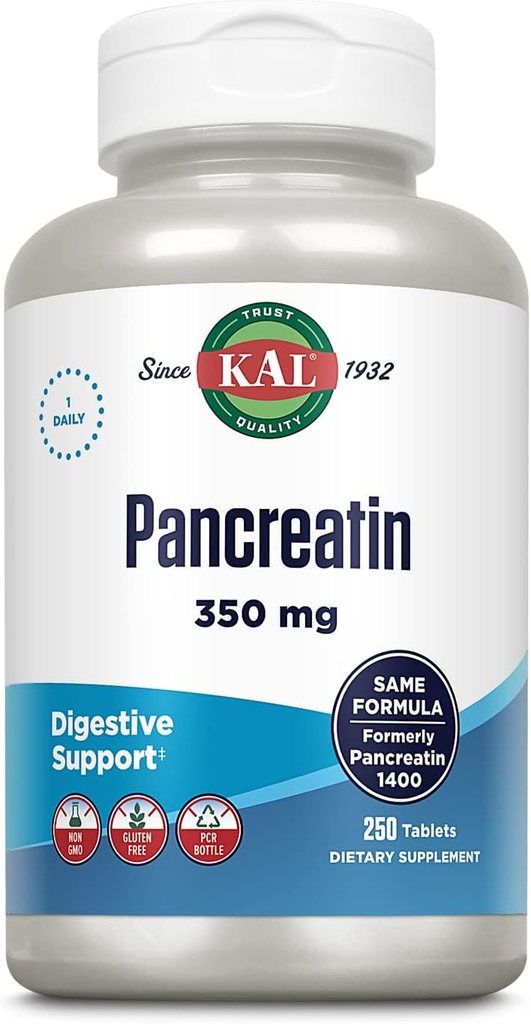 KAL Pancreatin 350 מ"ג, Enzymes for Women and Men, Pancreatic Enzymes for Digestive Health Support, Gluten Free, Non-GMO, Rapid Disintegration, 60 יום ערבות, 250 משרתות, 250 טבליות