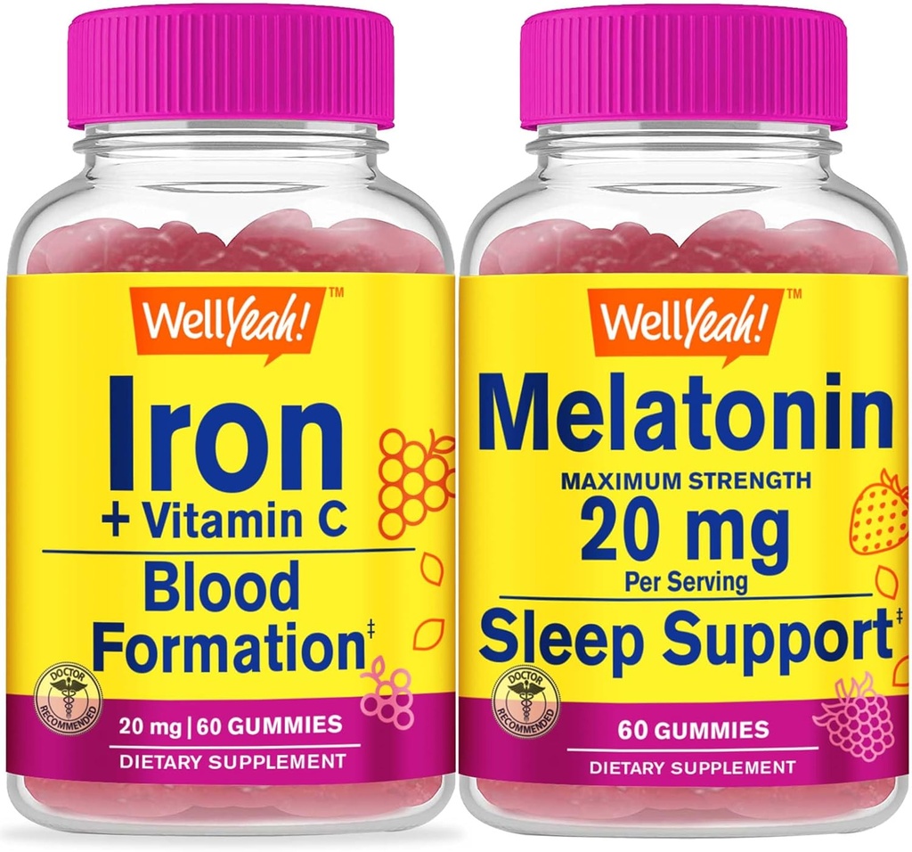 ובכן, כן ברזל +Vitamin C + מלטונין 20 מ"ג, מסטיקנים בונדלה - גדול Tasting, ויטמין תוסף, Gluten Free, GMO חינם, Chewable Gummy