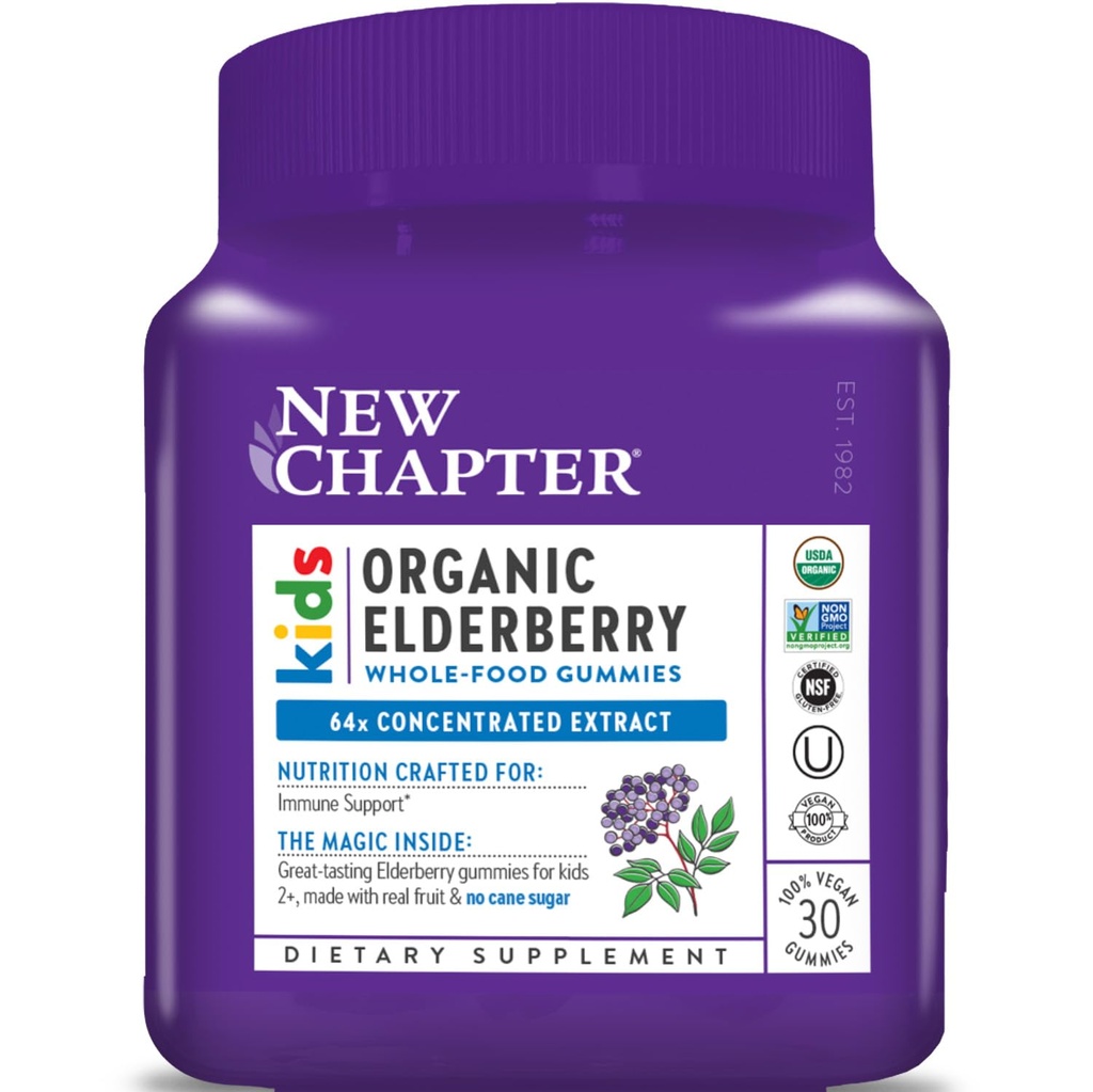 New Chapter Elderberry Gummies for Kids 2+, USDA אורגני,64x Concentrated Pure Elderberry for Immune Support, Great Tasting Whole-Foodmies, טבעוני & Non-GMO, 30 ct