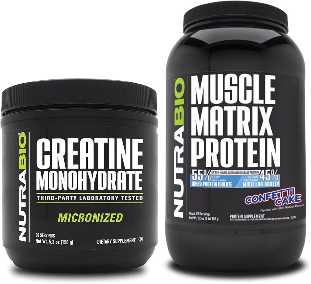 NutraBio Creatine Monohydrate, Unflavored, (150 גרם) ואבקת חלבון במטריקס שרירים, (קוקאין עוגה) תוסף Bundle - שריר אנרגיה, צמיחה מקסימלית, התאוששות וכוח