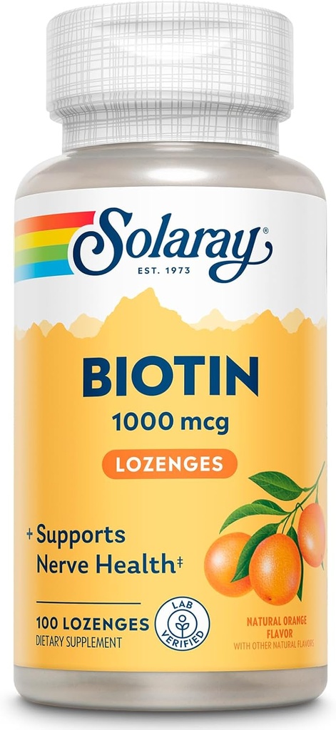 SOLAרי Biotin 1000mcg Lozenges - תוסף ביוטין עם ויטמין A - פעילות עצבית ותמיכה אנרגיה סלולרית - Natural Orange Juice Flavor, Great Taste, 60-Day Promise, 100 משרתים, 100 Lozenges