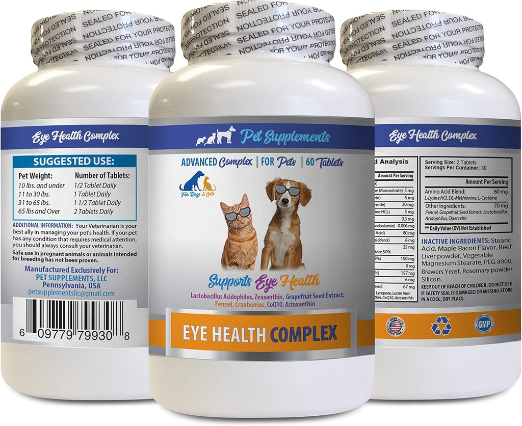כלב עיניים ויטמינים - PET Eye Health Complex - כלבים וחתולים - תומך ראייה העין - astaxanthin for Dogs, עין חזון תוספת לכלבים וחתולים, ויטמין בריאות עיניים Lutein ו zeaxanthin 1Bot 60Tabs