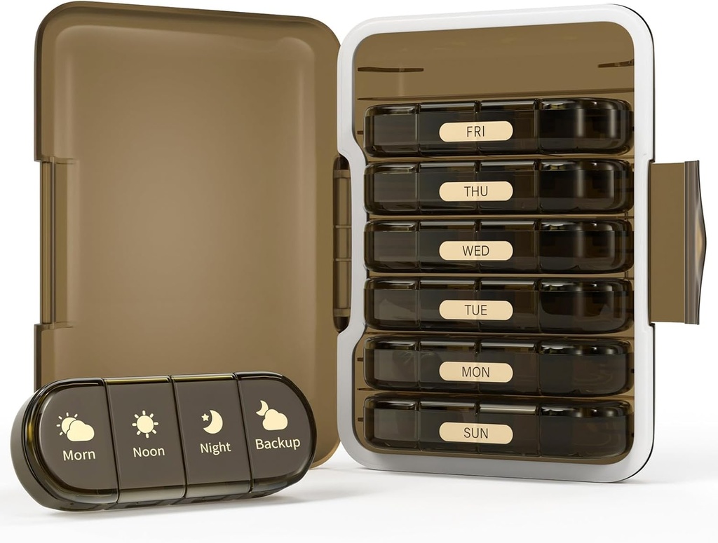 מארגנת גלולות שבועיות 4 פעמים ביום, 7 Day Pill Box 4X, Portable for Travel Pill Case for Pills/Vitamin/Fish Oil/Medication/Supplements (4x7 Brown)