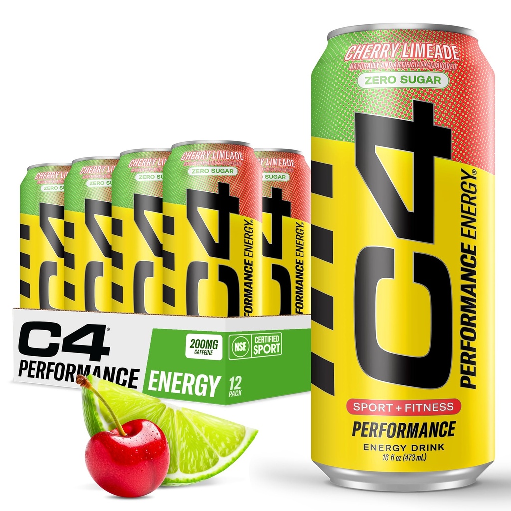 C4 משקאות אנרגיה חינם סוכר 16oz (Pack of 12) / צ'רי לימונדה | משקה טרום עבודה ללא צבעים מלאכותיים או Dyes