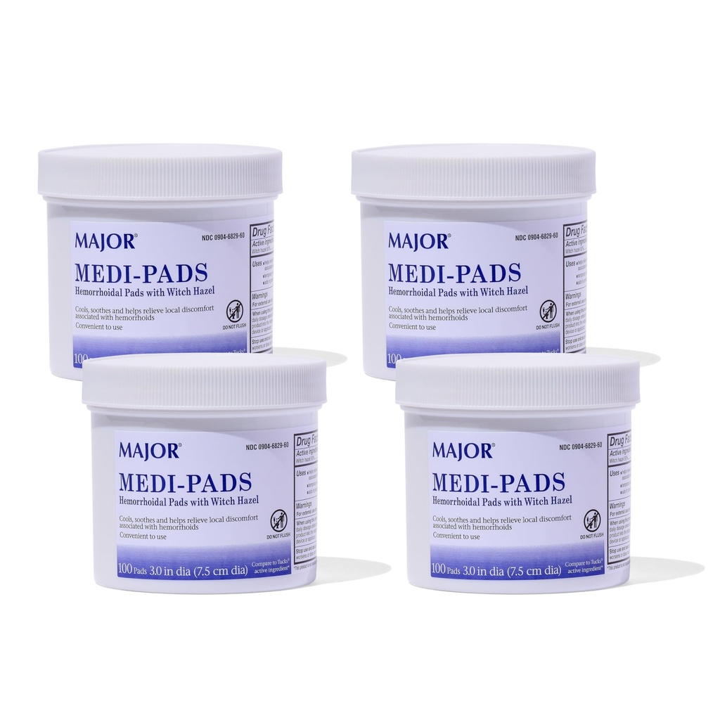 MAJOR Medi-Pads - Hemorrhoidal Hygienic ניקויs Witch Hazel Pads - Cooling Relief with Aloe - 100 Count Jar (4 Pack)