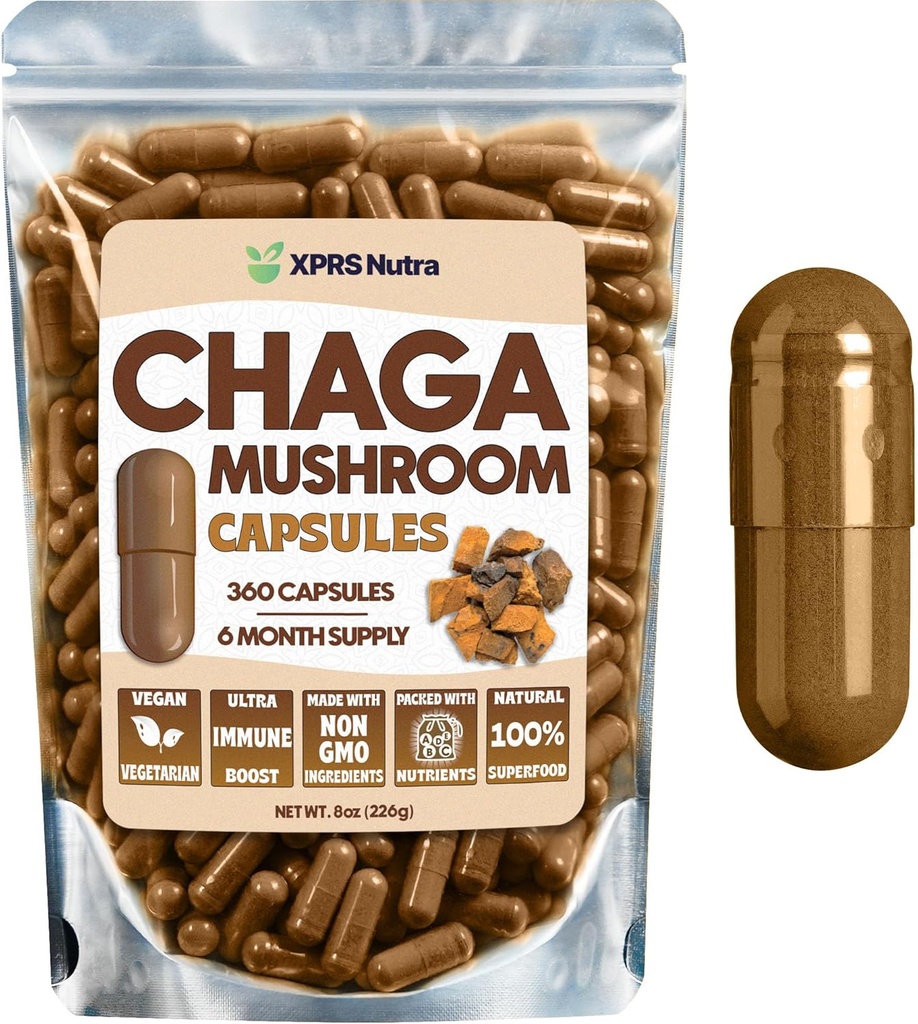 XPRS Nutra Chaga Mushroom קפסולות - Premium USDA Chaga Mushrooms קפסולות- Encapsulated Chaga Mushroom אבקת Immunity Boost - טבעוני Superfood for Chaga Tea and Beverages - 360 Count Count