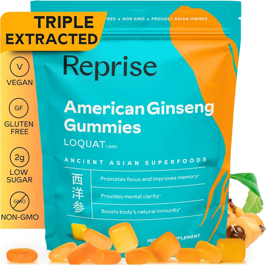 ג'ינסנג אנרגיה Boost Gummies - All-Natural Full-Potency American Geneseng, Helps Elevate Energy, Focus, ומספק תמיכה כספית, Low-Sugar, טבעוני, 45 מסטיקים, Loquat Flavor