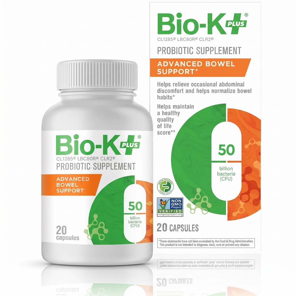 Bio-K+ Probiotic Advanced Bowel Support – 50 Billion CFU – Vegan, Gluten-Free, Non-GMO – Supports Digestive Health & Regularity – for Men & Women – 20 Probiotic Capsules