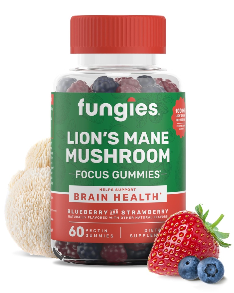 פטריות של אריה Mushroom Gummies, מעורב Blueberry & Strawberry פלבדור - Mushroom תוספת מסטיק עבור מבוגרים וילדים תומכים בריאות המוח, פונקציונליות קוגניטיבית, מיקוד, זיכרון ו Mood, 60 משרתים